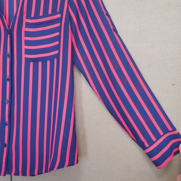 Express Portofino Blue & Red Striped Roll-Tab Sleeve Button-Up Shirt Size Medium - Picture 2 of 6